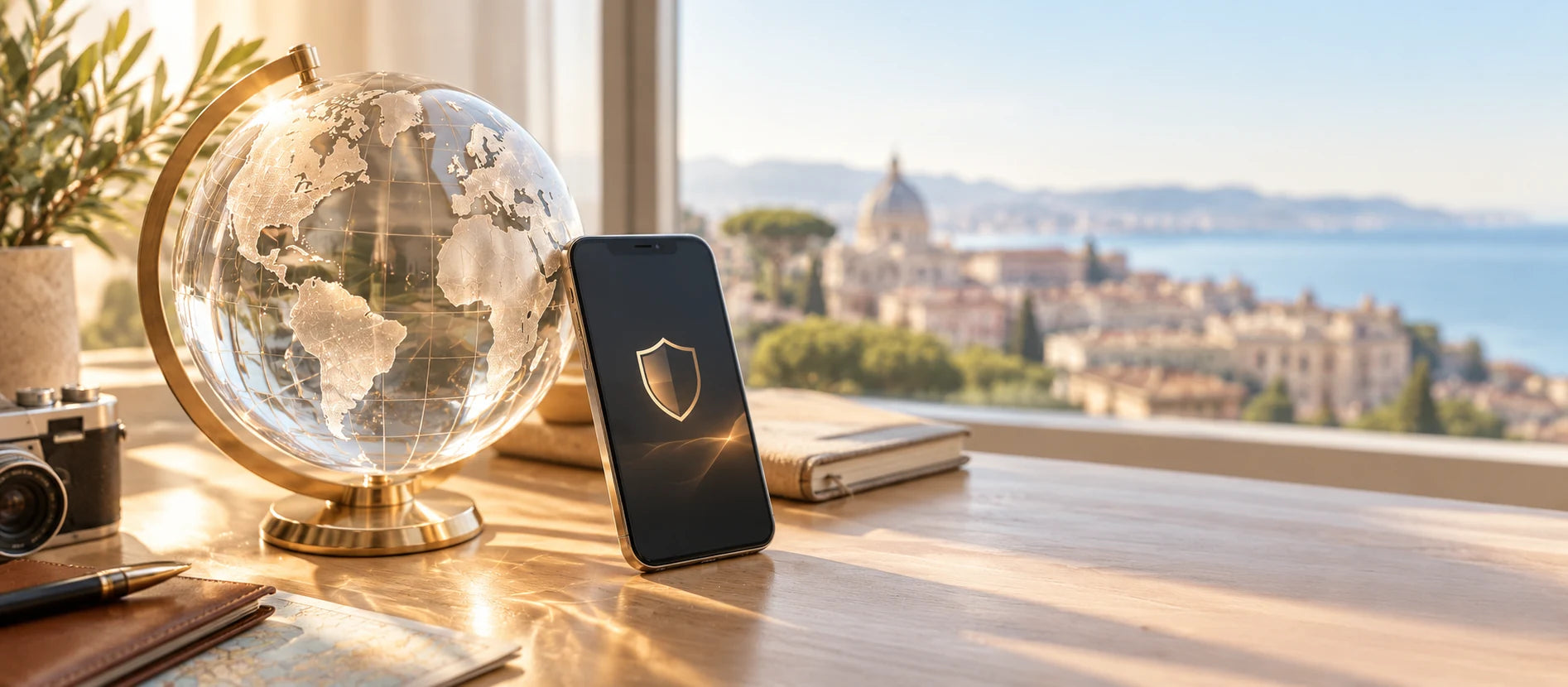 旅行桌面上的地球儀與 VPN 手機示意圖